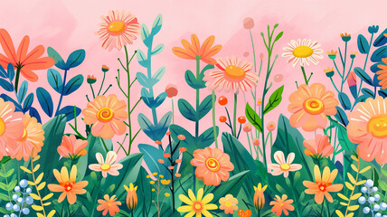 ilustración flores del campo fondo rosa 