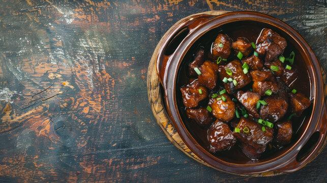 traditional filipino pork adobo in a brown ceramic bowl, garnished with green onions with copy space