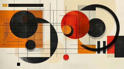 Precise geometric vector illustration pattern design shape with overlapping circles and squares, red black yellow high contrast abstract matte typography style