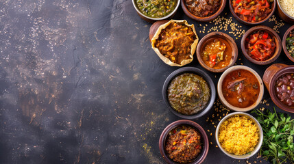 traditional ethiopian injera with assorted stews in rustic bowls, top view with copy space for text