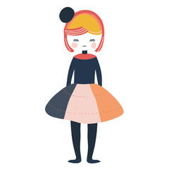 Cartoon character young girl standing closed eyes, blonde hair, stylish dress. Modern simple illustration, female figure design cute artwork, flat style. Animated young lady colorful dress, playful