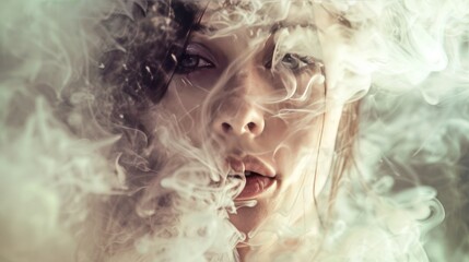 Fototapeta premium Fashion surreal Concept. Closeup portrait of woman dissipate dissolve in white swirling flowing smoke fog liquid