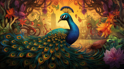 Majestic Peacock with Vibrant Plumage and Fractal Patterns in Lush Tropical Foliage