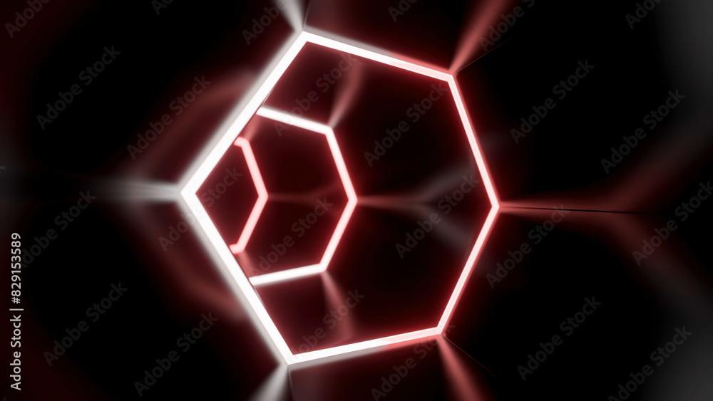 Aufkleber Animation in moving tunnel with hexagonal glowing lines. Design. Movement in rotating cyber tunnel with neon lines. Dark cyber tunnel with hexagonal neon lines