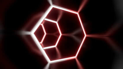 Fototapeta premium Animation in moving tunnel with hexagonal glowing lines. Design. Movement in rotating cyber tunnel with neon lines. Dark cyber tunnel with hexagonal neon lines