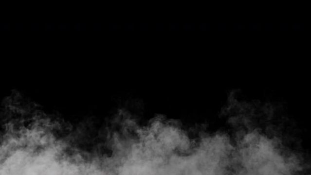 Turbulent cold steam or smoke. Swirly dust animation. Spooky mist background. Loop. Embedded alpha channel