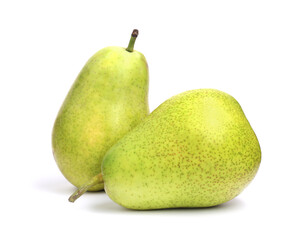 Two tasty ripe pears on white background