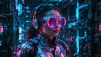 A woman in a futuristic outfit with neon lights and goggles on her face