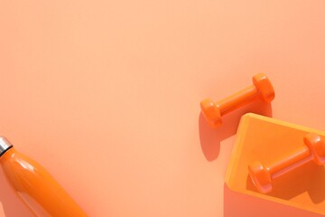 Dumbbells, thermo bottle and yoga block on coral background, flat lay. Space for text