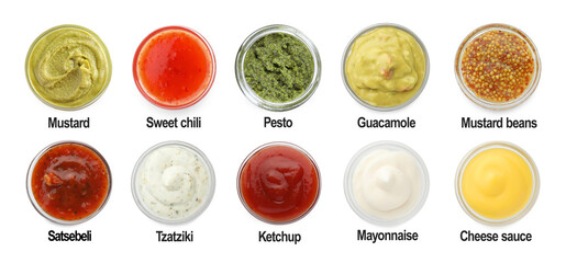 Set of different sauces in bowls and names isolated on white, top view