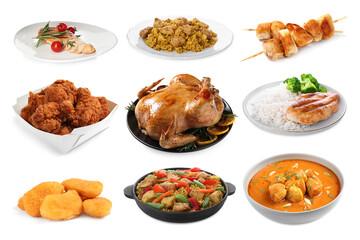 Different delicious dishes of chicken isolated on white, set