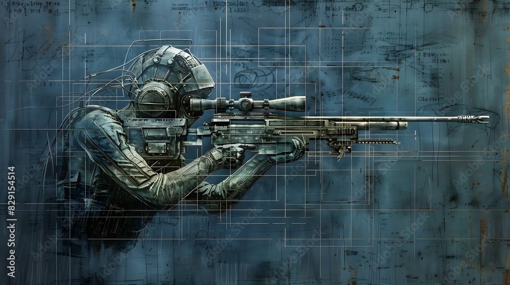 Wall mural Camouflaged Special Forces Sniper Aiming High-Tech Rifle in Tactical Combat