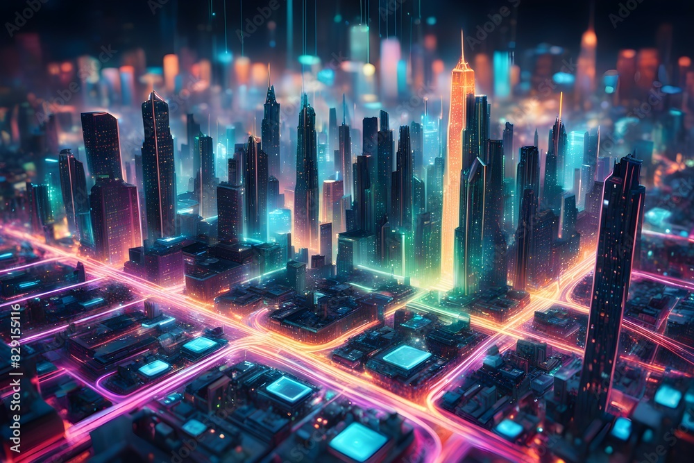 Wall mural a cityscape with neon lights and a tall building in the middle