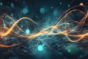 The image is a colorful abstract of a wave with blue and orange lines