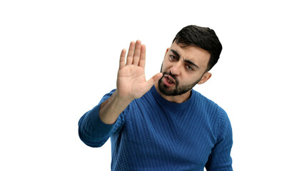 A man, close-up, on a white background, shows his thumbs down