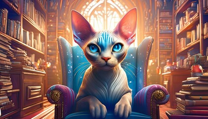 A curious Sphynx cat with large ears and wrinkled skin,