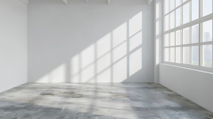 Blank white wall with window and concrete floor, mock up, 3d render 