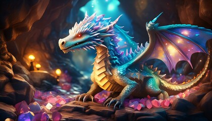 Fototapeta premium A dragon with shimmering, crystal-like scales, basking in the light of a glowing cave filled 