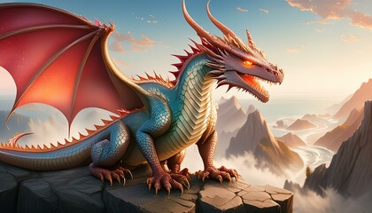 A fierce red dragon with battle scars and glowing eyes, perched on a rocky cliff with molten