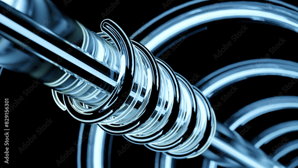 Poster neon lines rotate around pipe. design. animation of mechanical rod with rotating neon lines. neon li