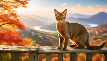 A regal Abyssinian cat with a shiny, ruddy coat and almond-shaped green eyes, standing