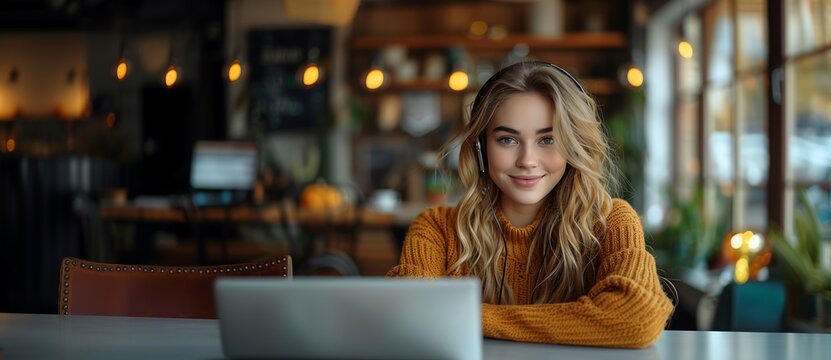 Jovem com computador em uma cafeteria, sorrindo para a c&acirc;mera