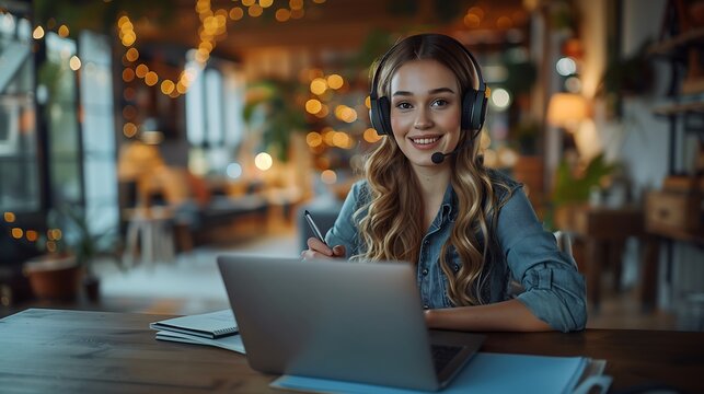 mulher Telemarketing em chamada com fones, realizando atendimento fora do escrit&oacute;rio