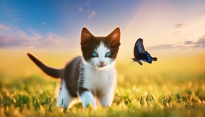 A tiny, playful black-and-white kitten with bright blue eyes, batting at a butterfly,