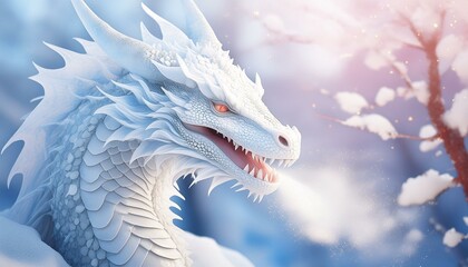  A white dragon with frost-covered scales, exhaling a plume of icy breath in a snowy landscape 