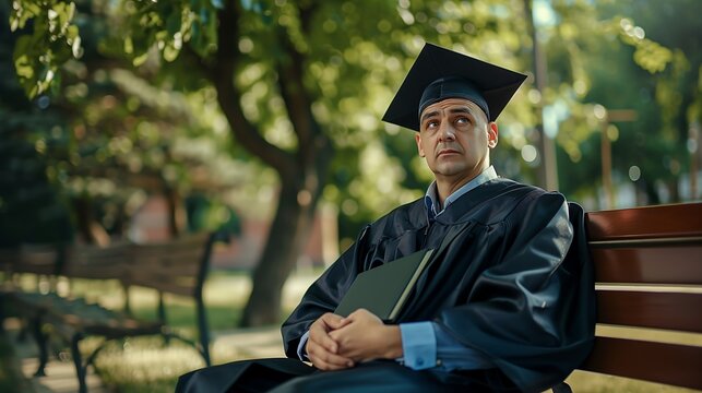 Universit&aacute;rio com roupa de formatura frustrado por sua escolha de profiss&atilde;o