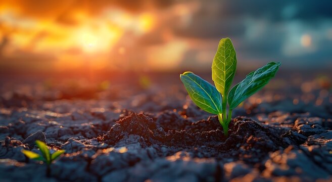 S&iacute;mbolo da esperan&ccedil;a atrav&eacute;s de uma semente germinando no solo inf&eacute;rtil com o sol brilhando por tr&aacute;s