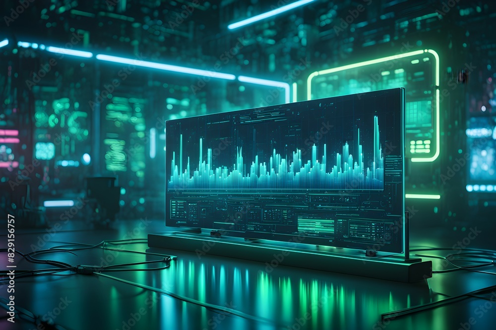 Poster a computer monitor displays a graph of data