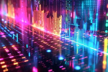 A holographic display showcases colorful sound waves and architectural blocks, symbolizing the power to create virtual systems for music production and communication.