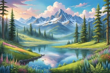 A beautiful mountain landscape with a lake in the foreground