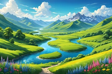 A beautiful landscape with a river running through it