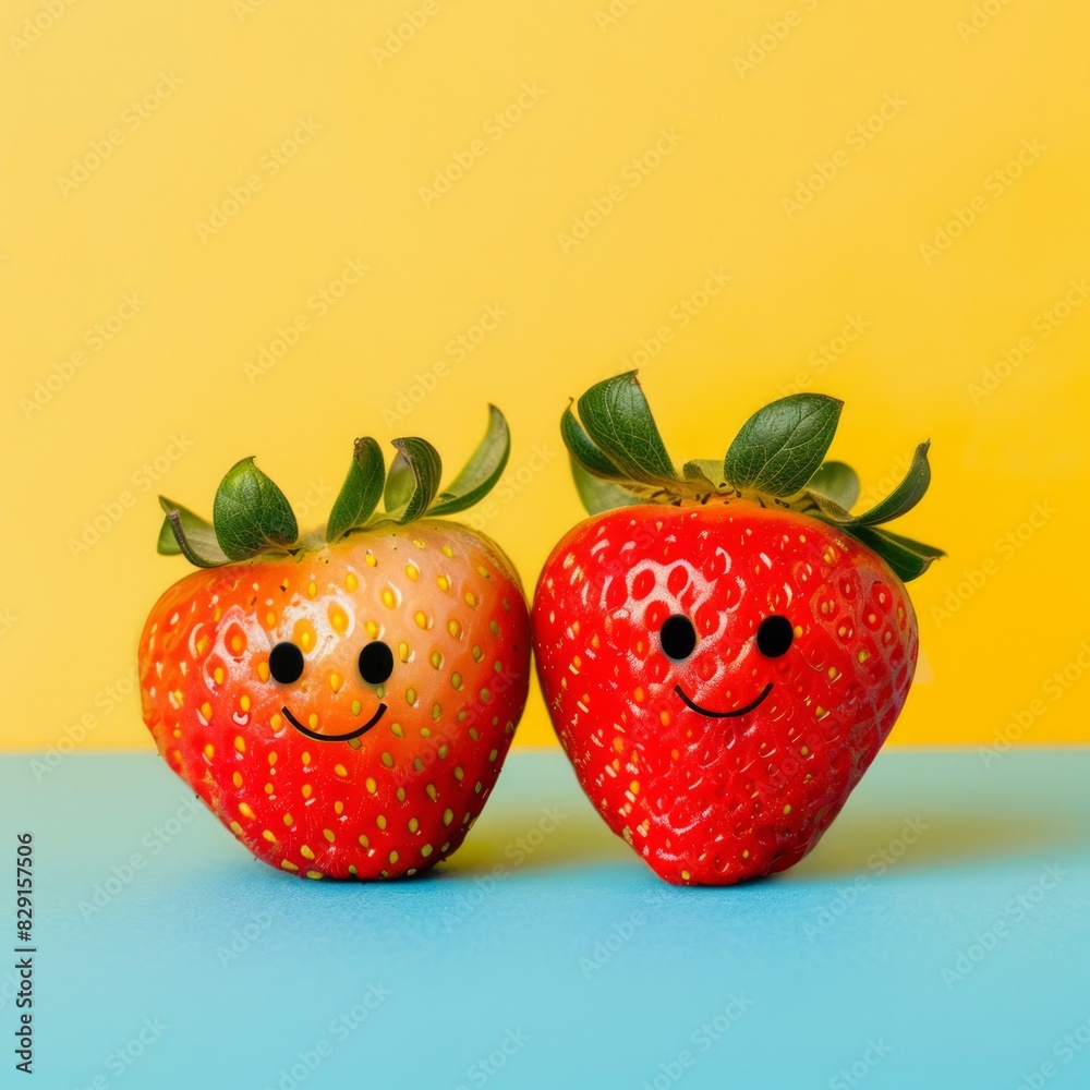 Wall mural Two couple Strawberry with smiley faces on a desk. International Friendship Day Concept. 