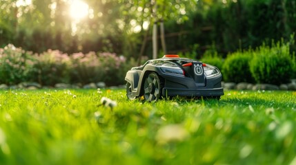 robot lawn mower cuts green lawn,