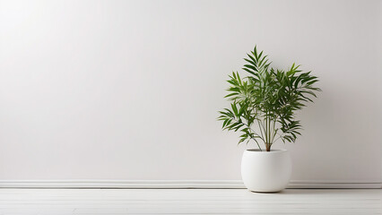 A white plant in a white pot sits on a white floor