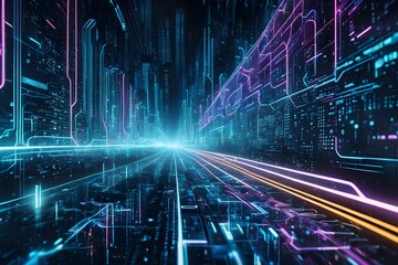 Obraz premium A futuristic cityscape with neon lights and a long road