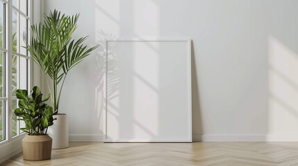frame mockup poster on the wooden floor in the corner of the living room leaning on the white wall with plant decor. 70x100 frame mockup poster 