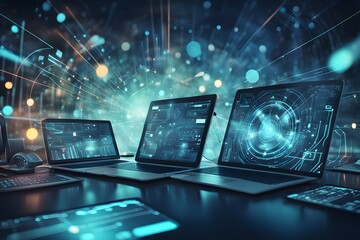 Three laptops are displayed on a table with a blue background