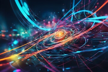 A colorful, abstract image of a spiral galaxy with bright blue, red