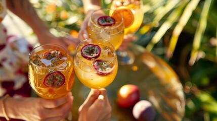 A group of friends enjoying a vibrant orange and passion fruit sangria made with white wine fresh...