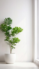 A large plant is sitting in a white vase on a white wall
