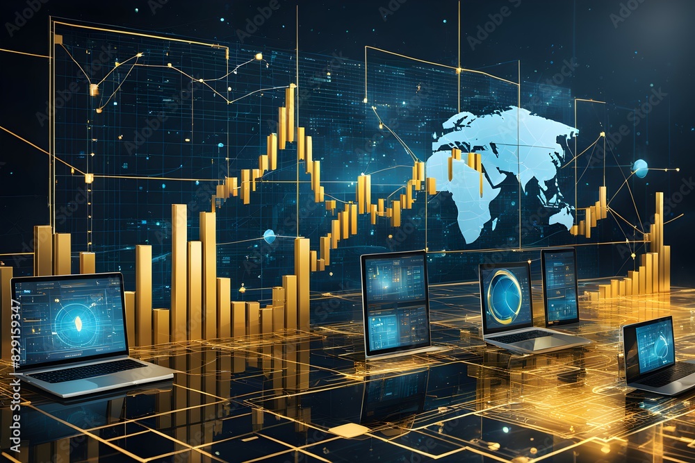 Poster a computer monitor displays a graph of stock prices and a world map