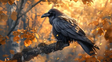 Fototapeta premium a raven perched on a branch its jetblack feathers glistening in the sunlight digital painting