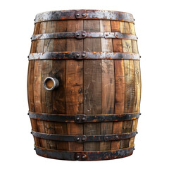 Obraz premium A wooden barrel, with metal edges and slats on the bottom, isolated white background, png.