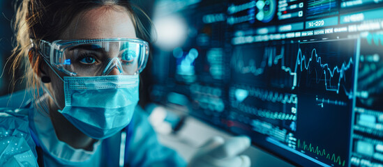 A healthcare professional uses a computer in a high-tech medical environment. The concept highlights advanced healthcare technology with medical icons, emphasizing efficiency and precision.