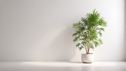 A white potted plant sits in a white vase on a white wall