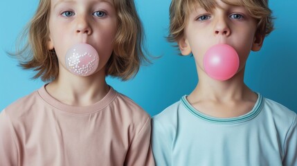 portrait of two kids blowing bubble of chewing gum